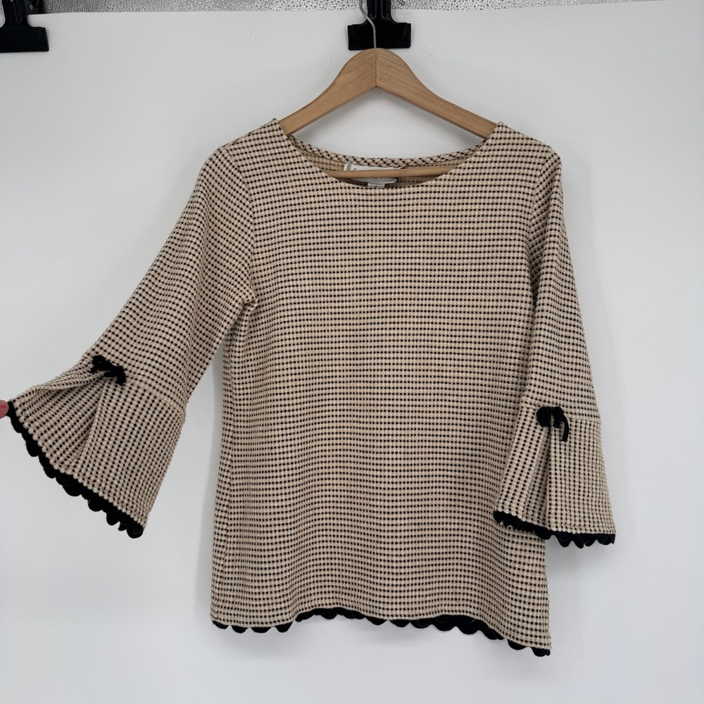Sara Campbell Top S Cotton Tweed Bell Sleeve Scalloped Bow Coquette Preppy